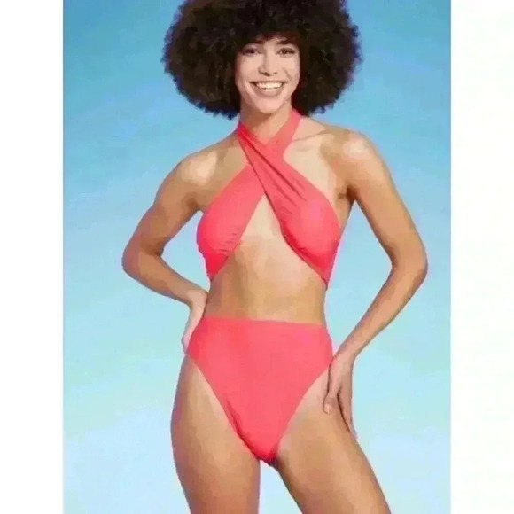 Wild Fable Cross Front Halter One Piece Swimsuit Coral NWT Size XS - Picture 1 of 6